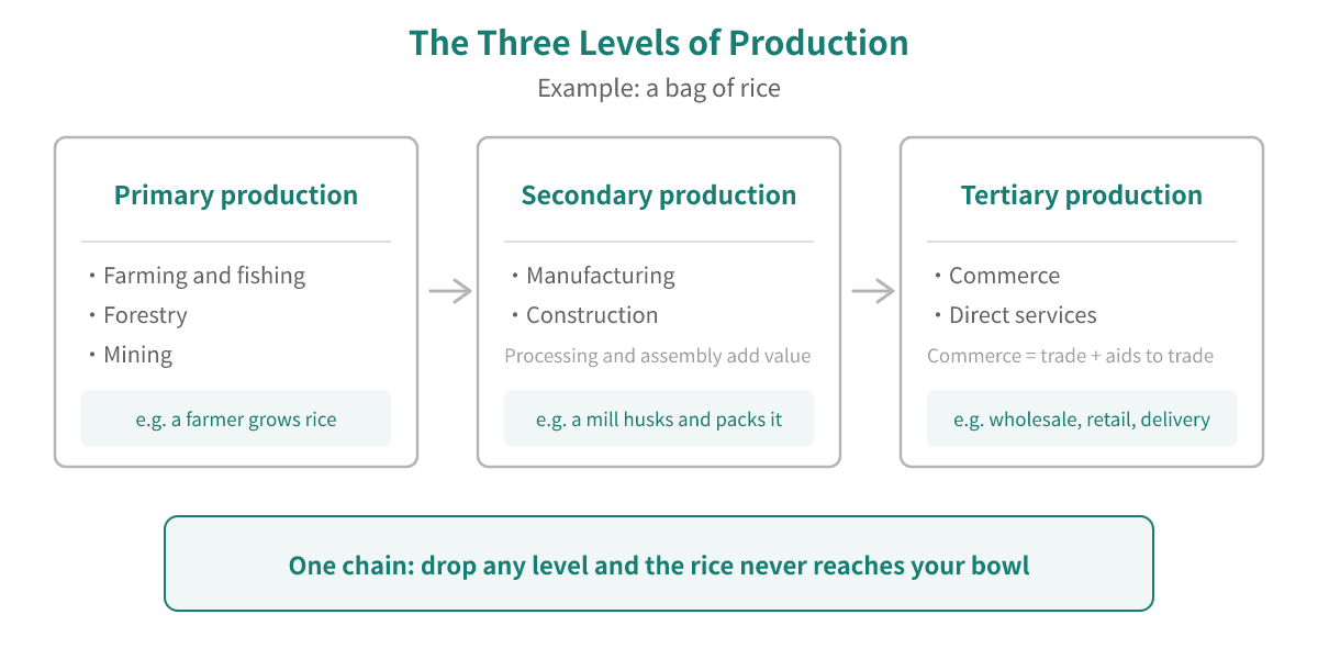 The three levels of production: primary production takes raw materials from nature, secondary production processes them into finished goods, and tertiary production uses commerce and direct services to bring goods to consumers